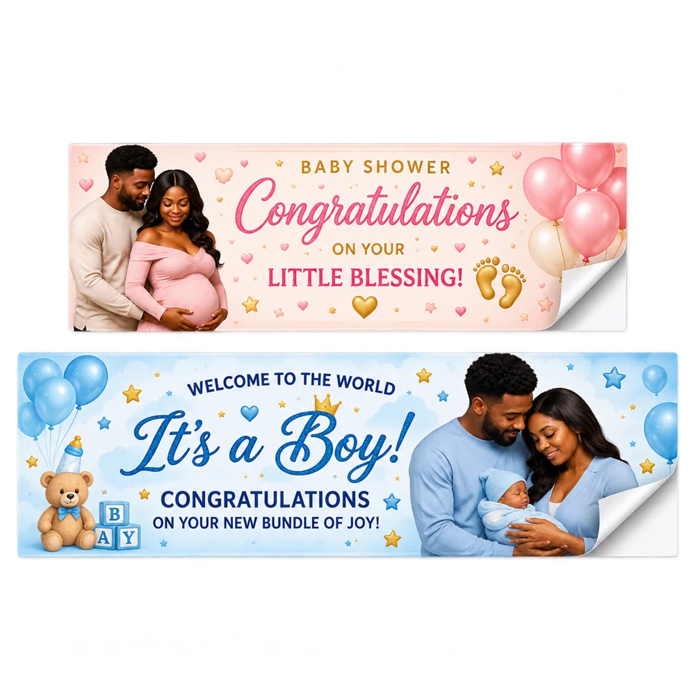 Baby Showers & Gender Reveals custom sticker banner pair with white backing visible at the peel corners