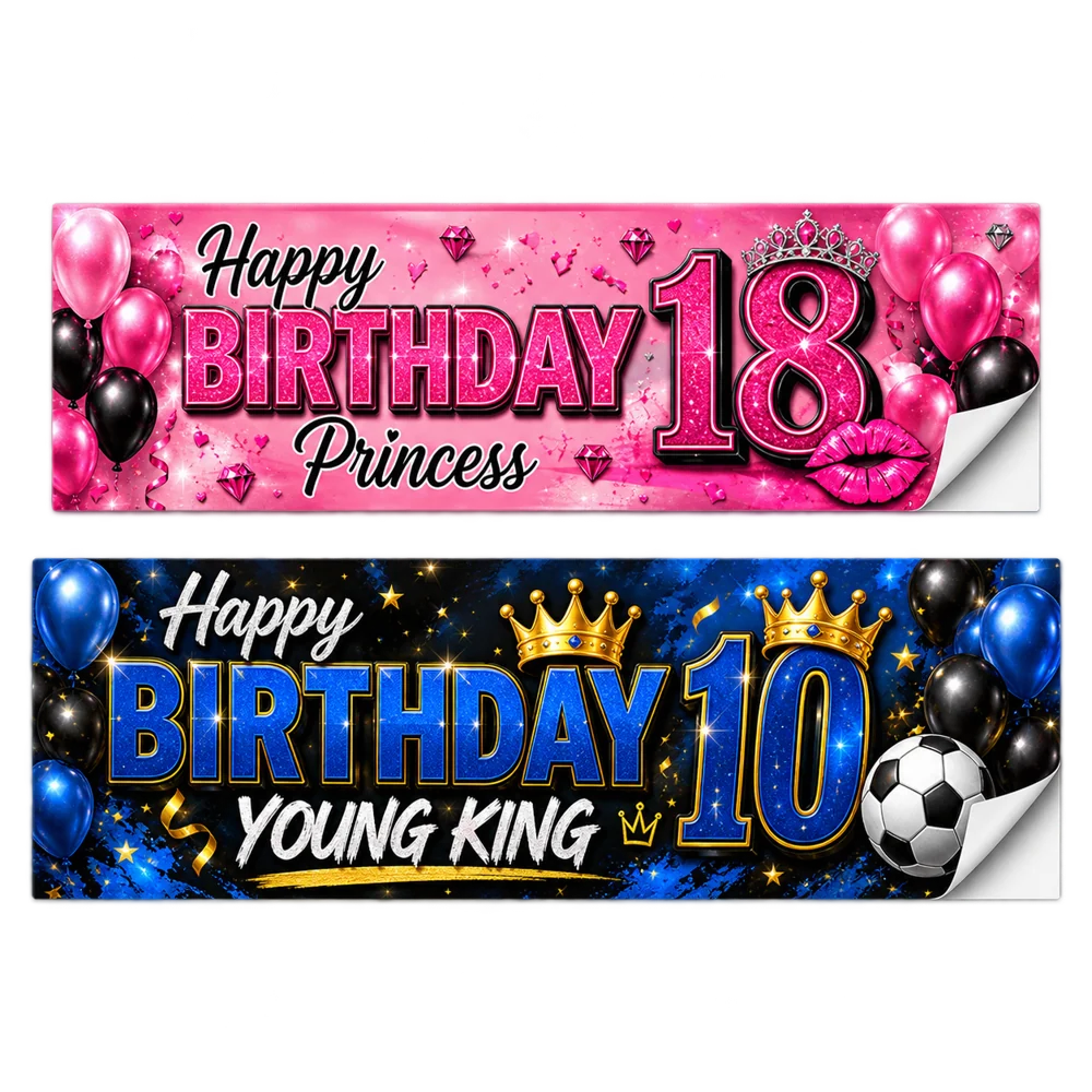Birthdays custom sticker banner pair with white backing visible at the peel corners