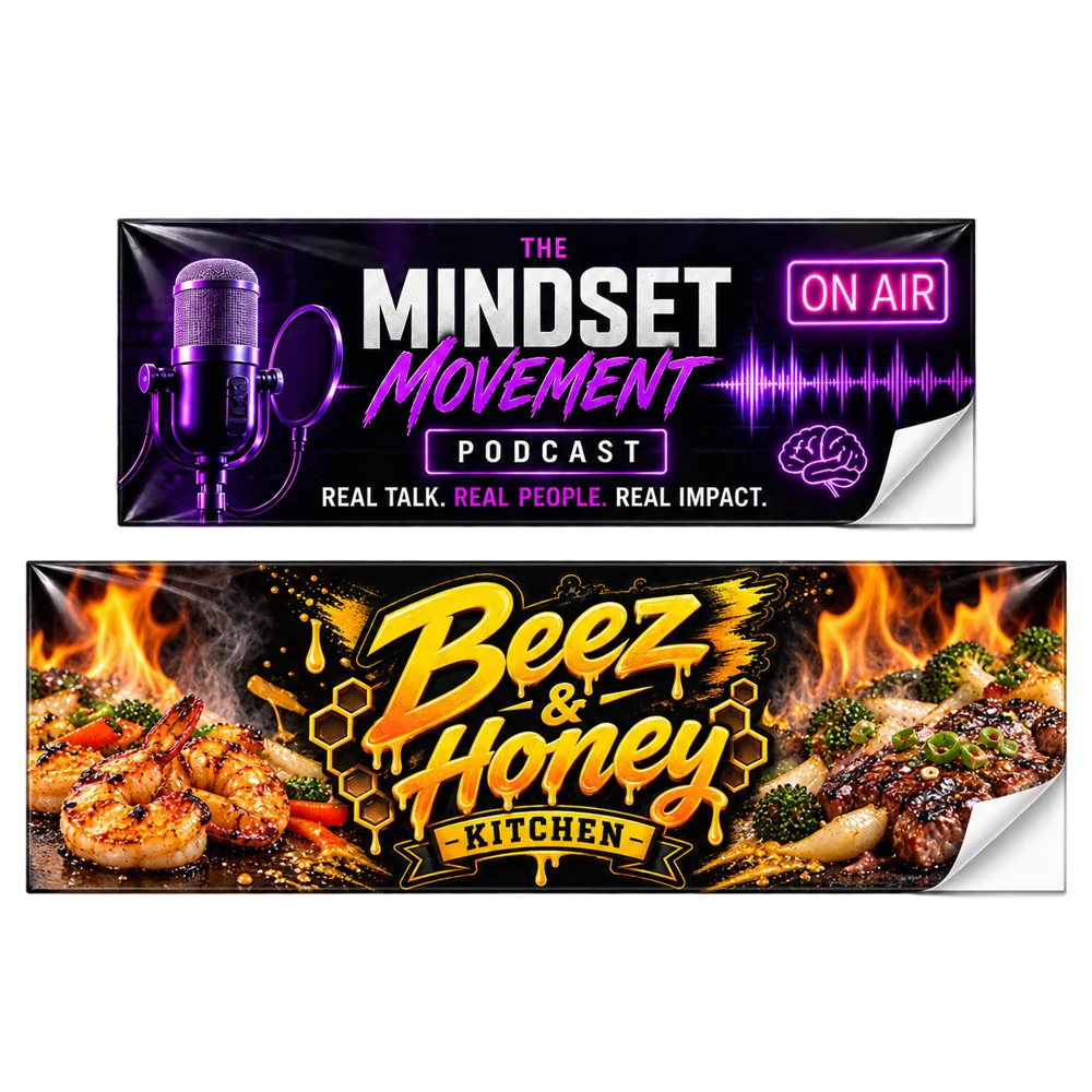 Podcasts & Businesses custom sticker banner pair with white backing visible at the peel corners