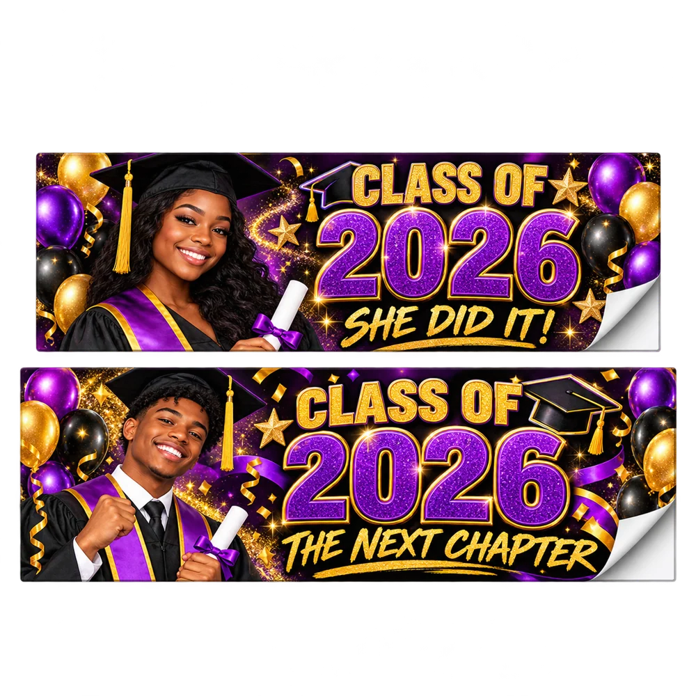Graduations custom sticker banner pair with white backing visible at the peel corners
