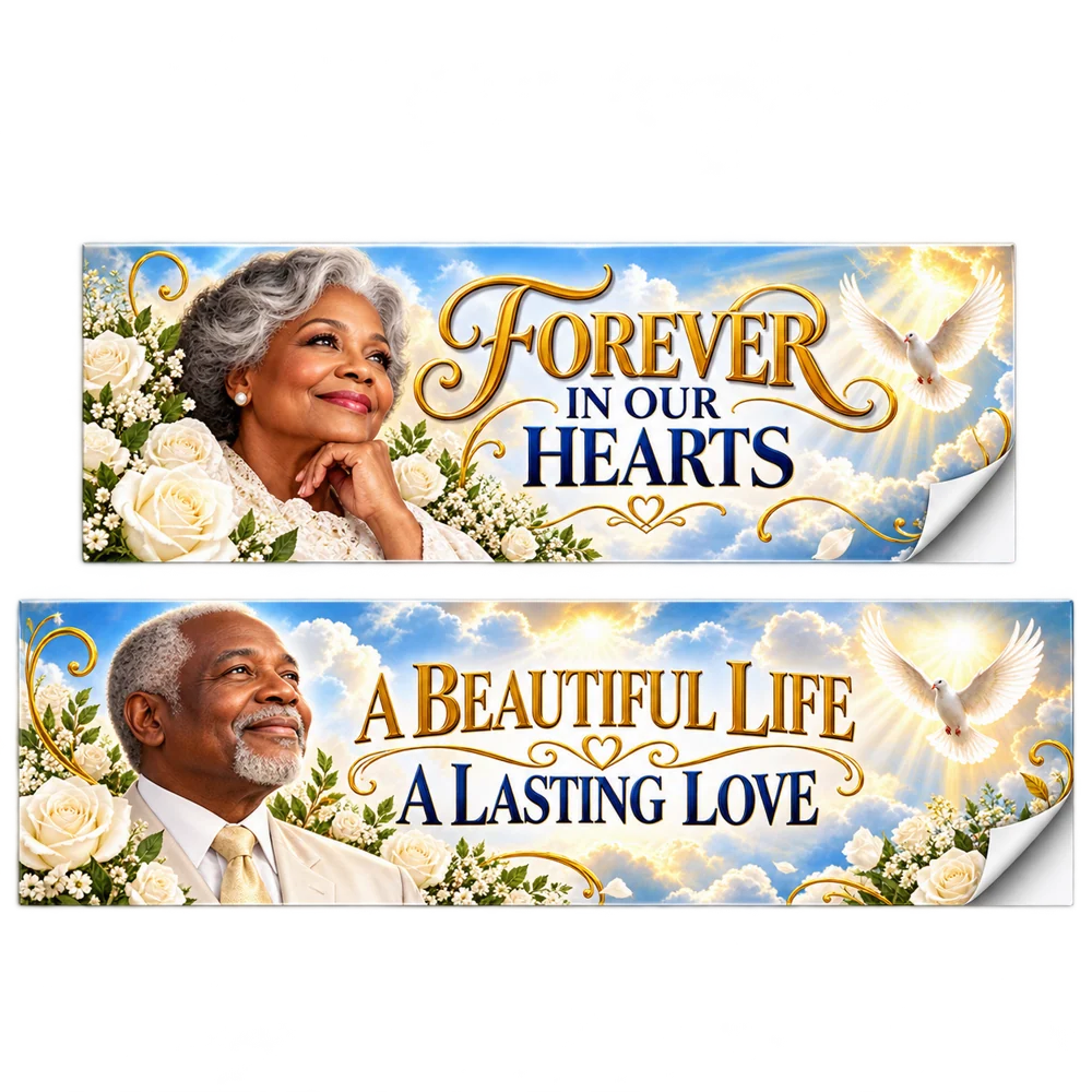 Memorials & Tributes custom sticker banner pair with white backing visible at the peel corners