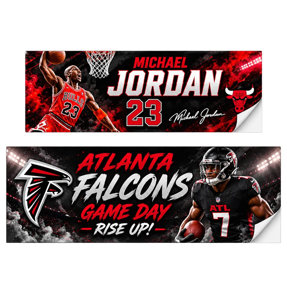 Sports & Teams custom sticker banner pair with white backing visible at the peel corners
