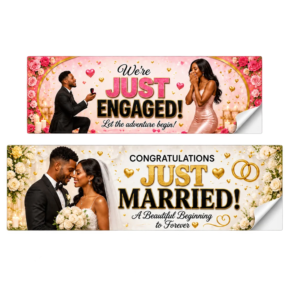 Weddings & Engagements custom sticker banner pair with white backing visible at the peel corners