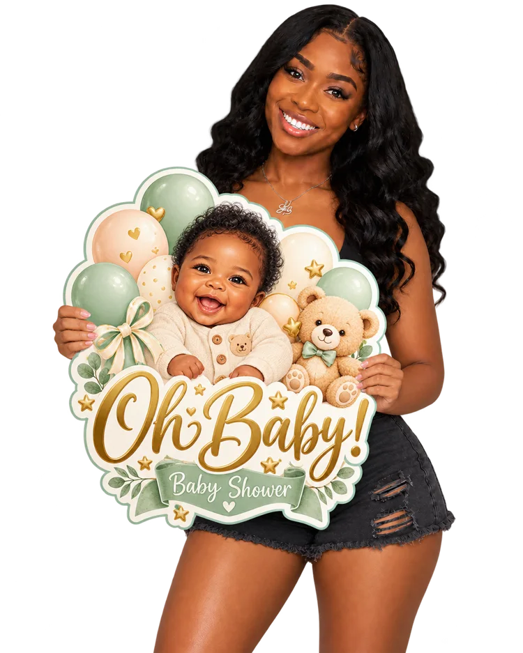 Woman holding a Baby Showers cutout directly with both hands