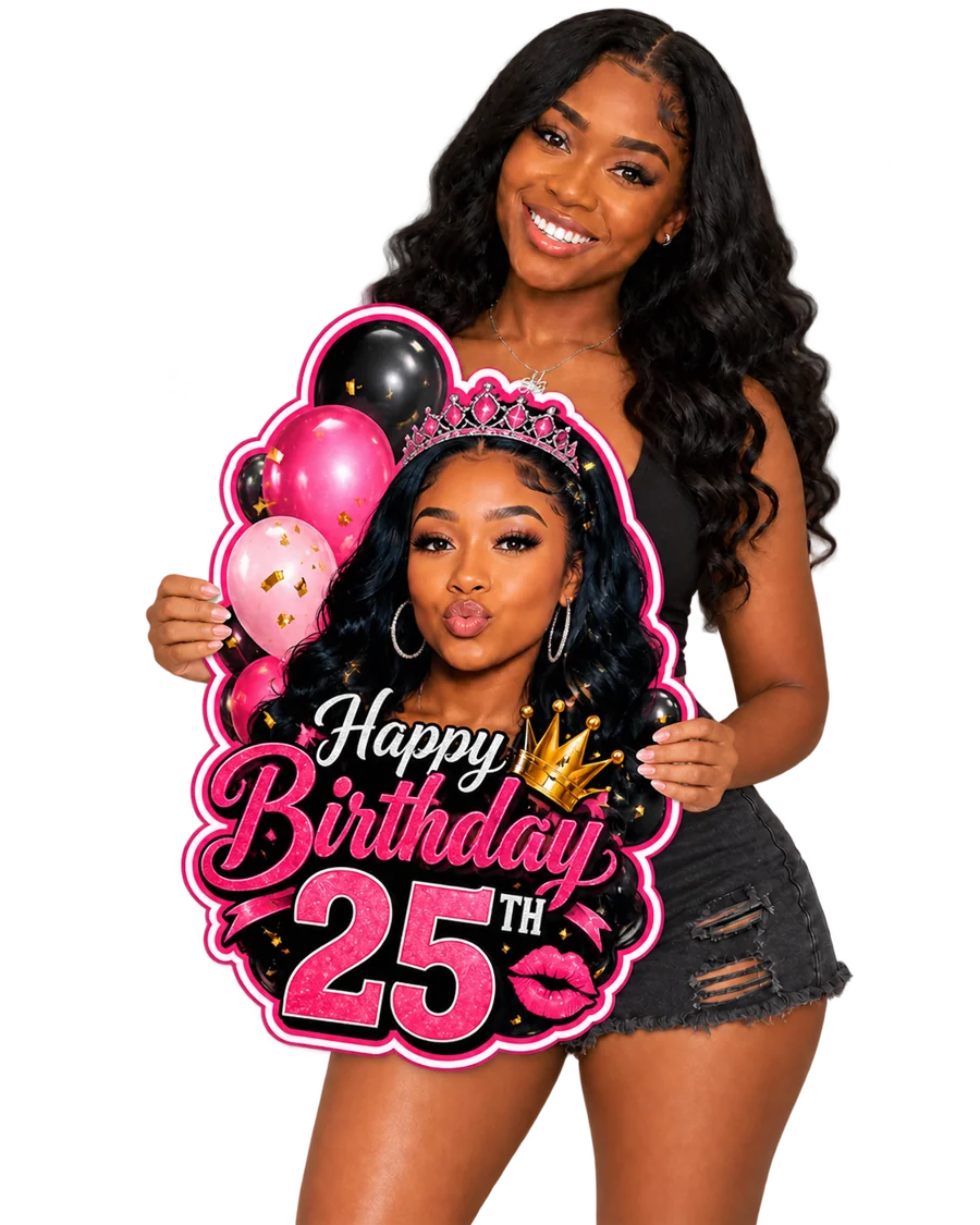 Woman holding a Birthdays cutout directly with both hands