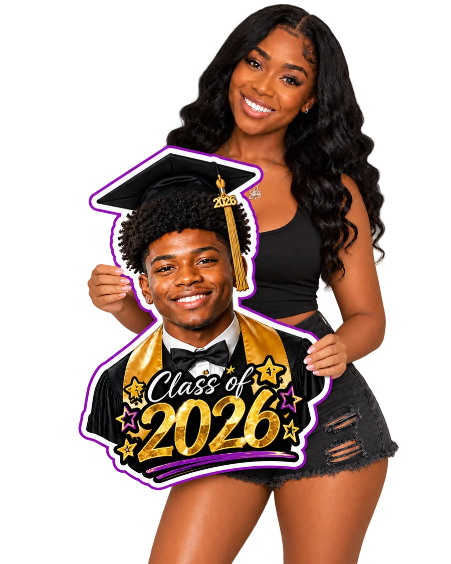 Woman holding a Graduations cutout directly with both hands