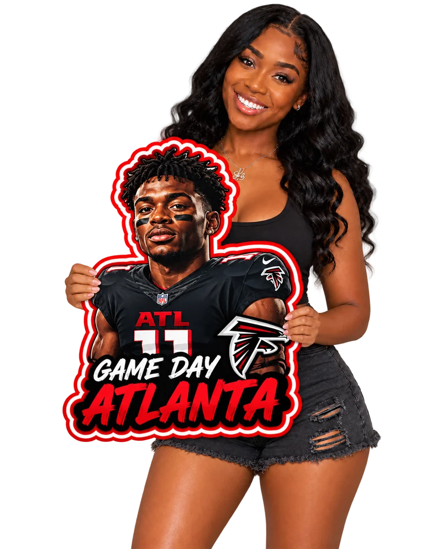 Woman holding a Sports & Game Day cutout directly with both hands