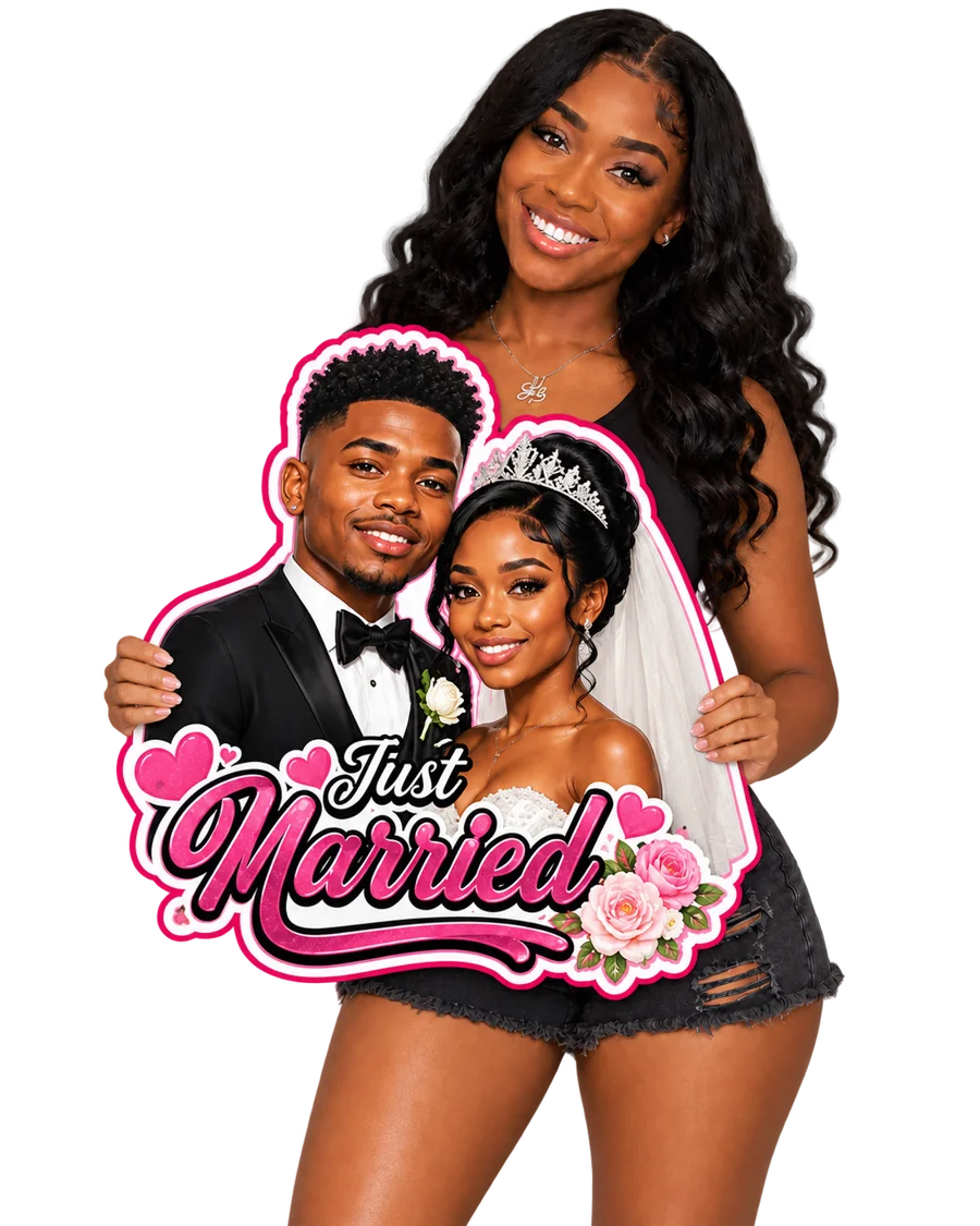 Woman holding a Weddings & Engagements cutout directly with both hands