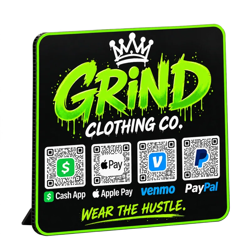 Grind Clothing Co. custom tabletop PayMe board — Clothing & Merch Vendors