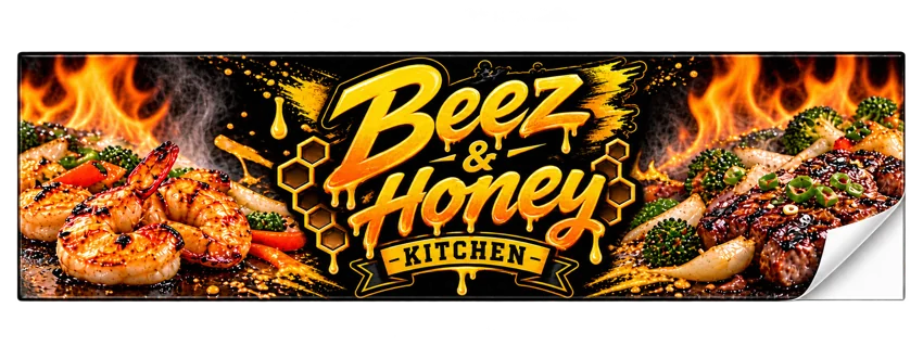 Beez and Honey Kitchen sticker banner with gold logo, hibachi food and a white peel corner