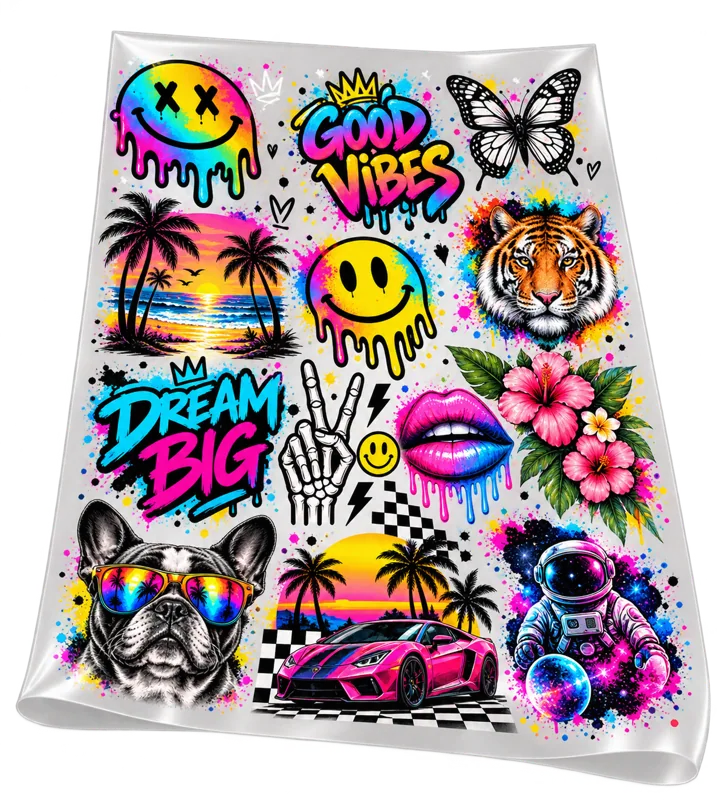 Flexible DTF gang sheet filled with colorful transfer designs