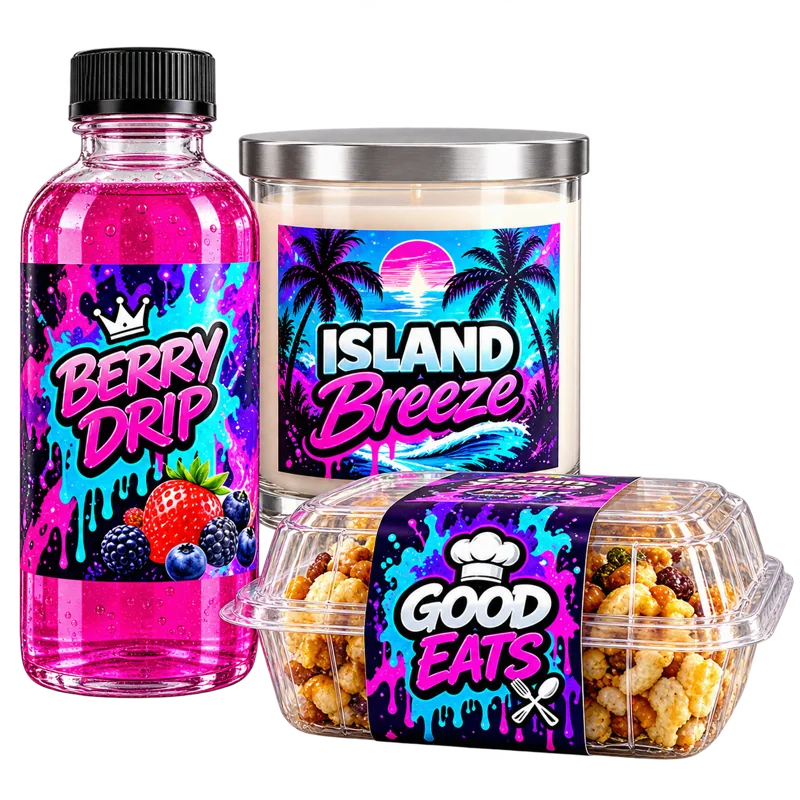 Custom printed labels on a beverage bottle, candle jar and food container