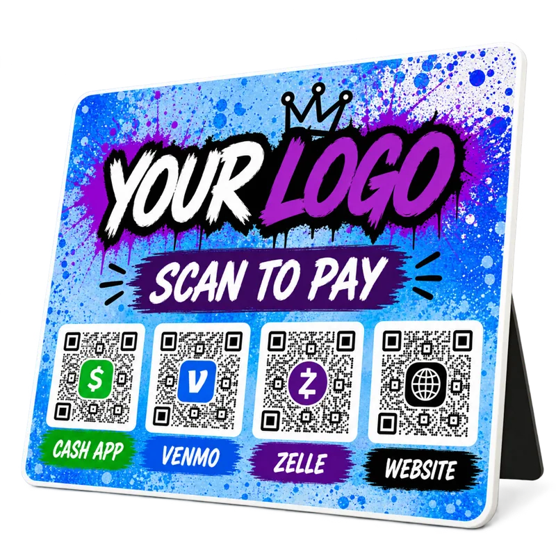 Blue and purple tabletop PayMe board with four sample payment and website code panels