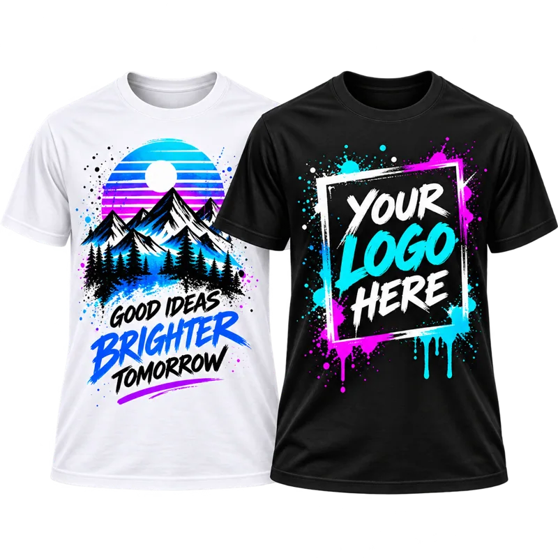 White and black custom printed T-shirts with colorful front designs