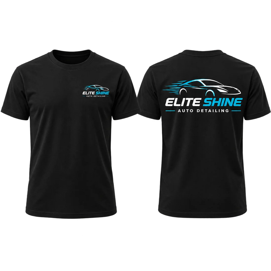 Matching front and back views of a black custom-printed business shirt